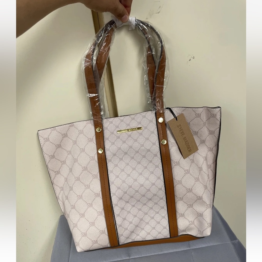 $98 Steve Madden NWT Tote Purse With Crossbody Bag 2pc Set Cream Beige New